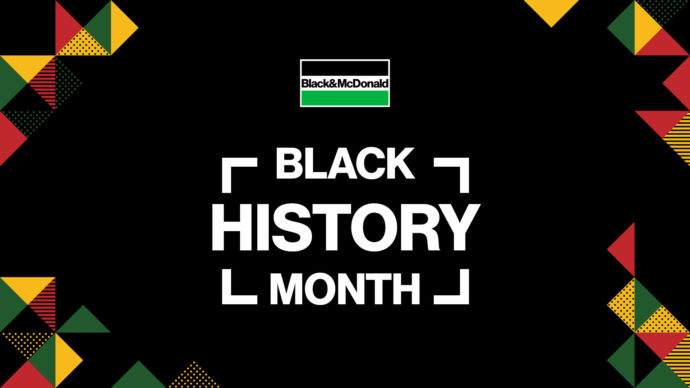 Black & McDonald logo with Black History Month text on black textured background.