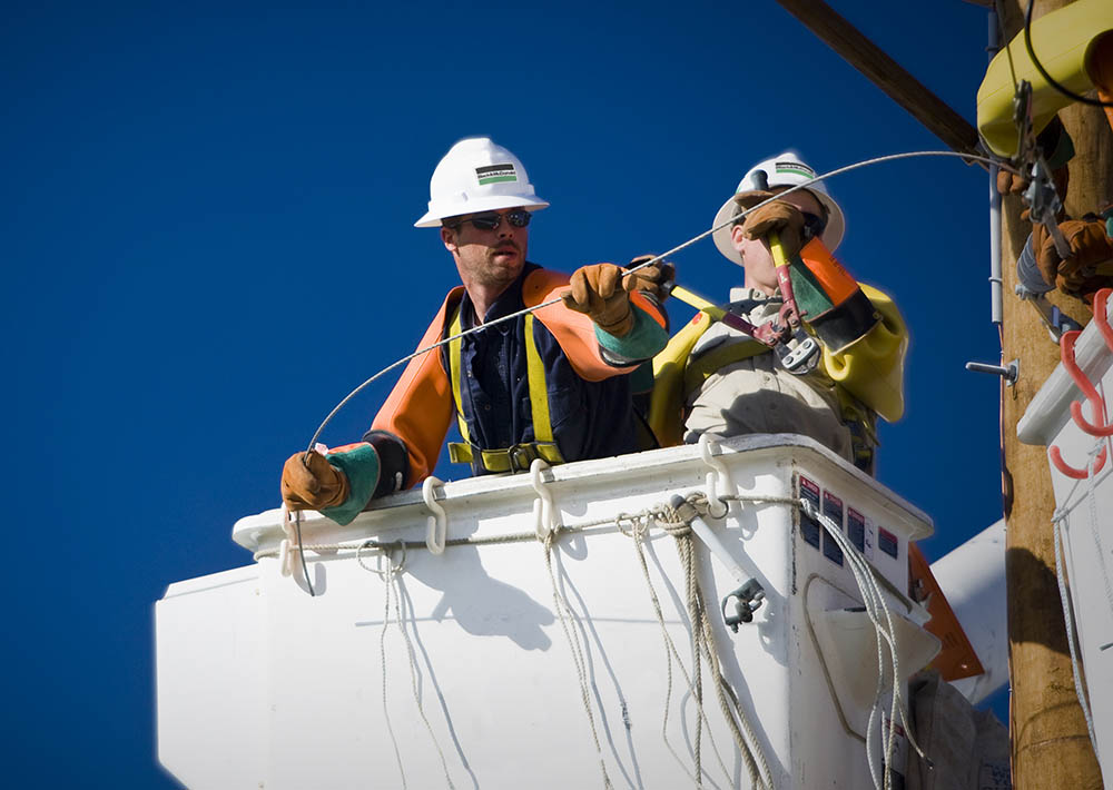 Specialized B&M tradespersons working on a light overhead transmission project