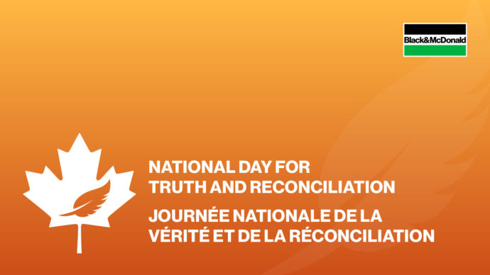 Black & McDonald logo, a feather on maple leaf image, and text "National Day for Truth and Reconciliation" text on orange background
